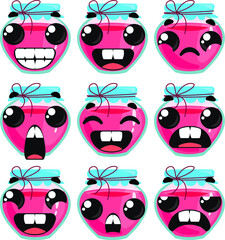 Jars with jam or jam. Set of different emotions. Vector illustration in cartoon style.
