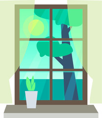 Window view from the room. Nature view from the house. Pot with flowers on the windowsill. Flat style vector.
