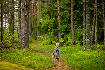 Three-year-old boy walks in the woods with a basket, selective focus
