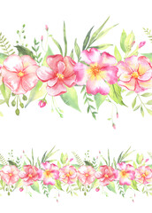 Obraz na płótnie Canvas Watercolor floral illustration -seamless floral border with pink flowers and leaves for wedding stationary, greetings, wallpapers, background. Roses, green leaves. . High quality illustration