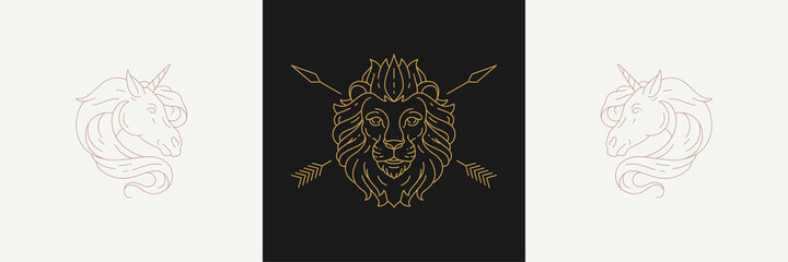 Magical heads of unicorns and lion with arrows in linear style vector illustrations set. © provectors