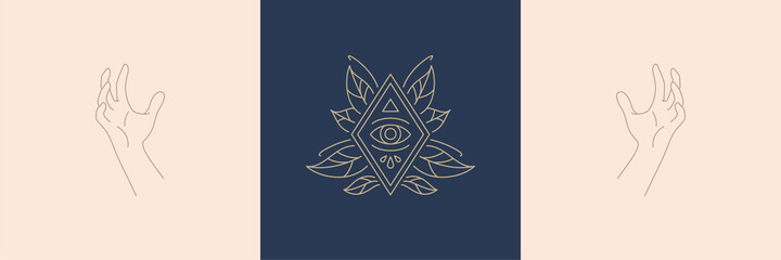 Magic woman hands and mystic eye in linear style vector illustrations set.