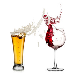 Lager beer and red wine glasses splash