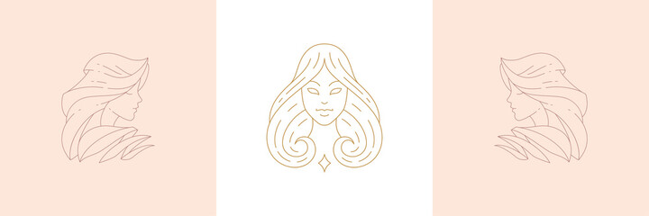 Magic female enchantresses in boho linear style vector illustrations set
