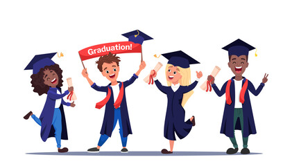 Group of happy graduated students wearing academic gowns with diplomas in their hands. Multicultural Boys and girls celebrating university graduation together. Flat cartoon vector illustration.