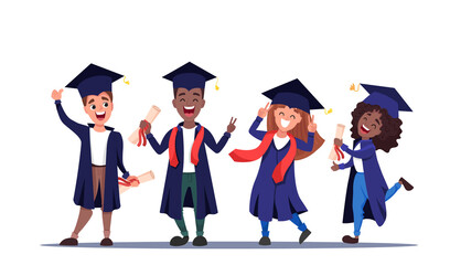 Group of happy graduated students wearing academic gowns with diplomas in their hands. Multicultural Boys and girls celebrating university graduation together. Flat cartoon vector illustration.