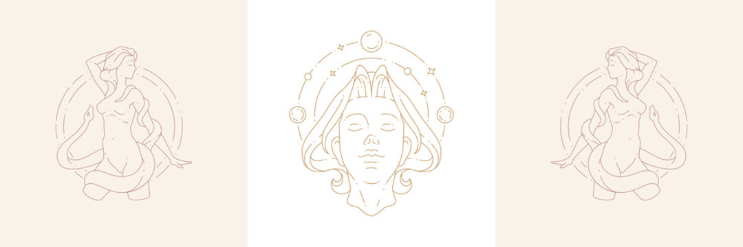 Magic female nature enchantress and snake in boho linear style vector illustrations set.