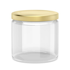 Empty glass jar with golden cap isolated on white background