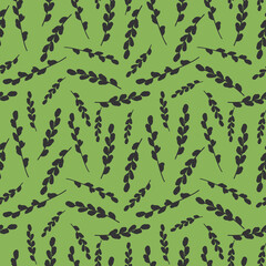 Pattern with willow branches silhouette. Endless vector texture on green background. For textile, wrapping paper