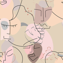 One line drawing. Abstract face seamless pattern.