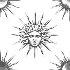 Vector engraving seamless pattern with a human head and sun in the antique style