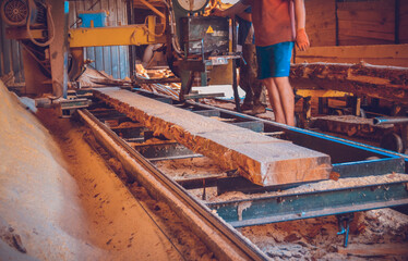 Fototapeta na wymiar Sawmill. Process of machining logs in sawmill machine saws the t