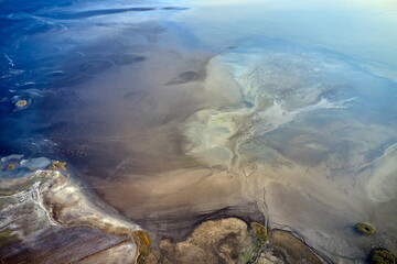 Dry lake or swamp in the process of drought and lack of rain or moisture, a global natural disaster - aerial drone view