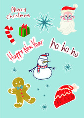 vector illustration of christmas stickers. snowman santa snow flake