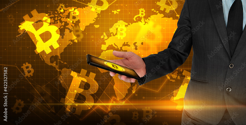 Poster modern bitcoin mobile concept with man holding mobile in hand. abstract bitcoin mining from mobile c