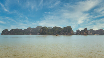 Fototapeta premium Halong Bay Landscape View. Horizontal landscape View of this beautiful Natural Wonder. UNESCO World Heritage Site since 1994 features a wide range of biodiversity.
