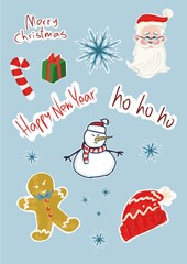 illustration of christmas stickers. snowman santa snow flake
