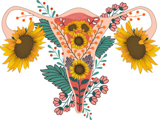 Reproductive system with flowers.  Feminism concept. Woman reproductive health. Vector illustration. 