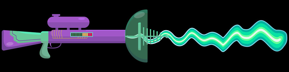Vector illustration of a blaster firing a beam. Alien weapon concept. Children's weapons for games. colorful picture for game design.