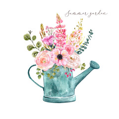 Watercolor spring floral bouquet in a watering can illustration, isolated on white background. Bunch of blush pink flowers, greenery and foliage. Easter card, wedding invitation. © Anna Nekotangerine
