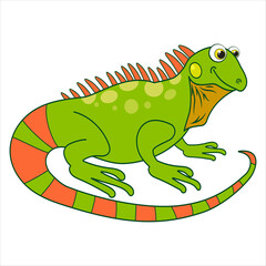 Iguana. Cartoon character Chameleon isolated on white background. Template of cute wild animal. Education card for kids learning animals. Suitable for decoration and design. Vector in cartoon style.