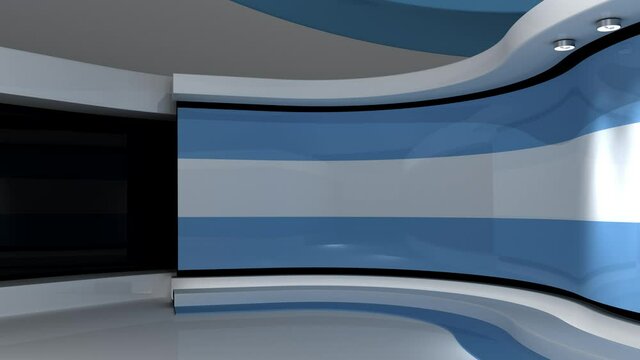 TV studio. Light blue background. Loop animation. News studio. Background for any green screen or chroma key video production. 3d render. 3d
