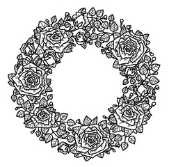 Vector wreath of rose flowers. Black silhouette of rose flowers frame.