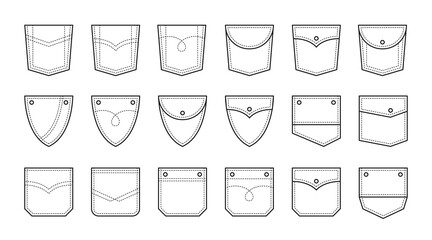Set of patch pocket icons for denim pants and other clothing. Isolated line vector illustration on white background