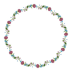 Round frame with pink aster and forget-me-not flowers and sakura branches on white background. Doodle style. Vector image.