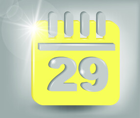 Calendar icon - date number 29. Calendar symbol for your web site design, logo, app, UI. 3d vector illustration in yellow - gray colors.