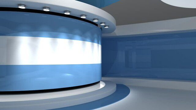 TV studio. Light blue background. Loop animation. News studio. Background for any green screen or chroma key video production. 3d render. 3d