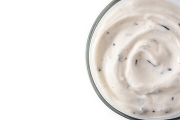 Stracciatella yogurt in transparent bowl isolated on white background. Top view. Copy space