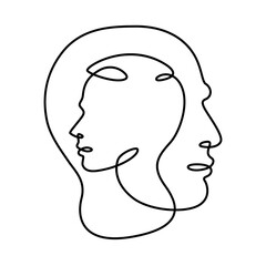 Male and female profile portrait. The face is within the face.Head in head. Logo portrait of a married couple. One continuous drawing line  logo single hand drawn art doodle isolated minimal illustrat