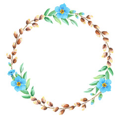 Watercolor wreath of blue forget-me-nots, Easter willow.Spring frame with flowers,twig,green leaves