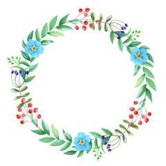 Fototapeta na wymiar Watercolor Spring wreath with blue forget-me-nots,myosotis flowers,twig,green leaves,berry.