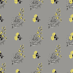 Hand drawn meadow flowers, leaves seamless pattern abstract background wallpaper.Line art botanical illustration.Floral wall art vector illustration in trendy color grey yellow graphic design, print