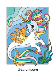 Cute sea unicorn vector colorful illustration outline