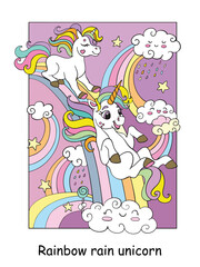 Funny unicorns ride down the rainbow vector