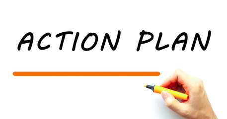 Hand writing ACTION PLAN with marker. Isolated on white background.