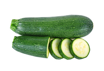 Zucchini with slice isolated on white background.Top view