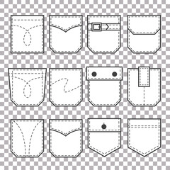 Set of pocket patches. Elements for uniform or casual style clothes, dresses and shirts. Line vector illustration