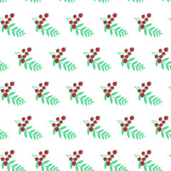 Seamless vector pattern with elements of green branches and rowan berries. Floral pattern with red berry on a white background
