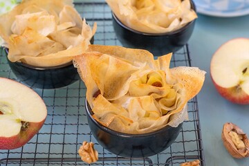 Pastry made of filo dough stuffed with apples, cinnamon, walnuts and raisins.