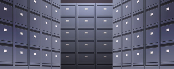 office wall of filing cabinet document data archive storage folders for files business administration concept