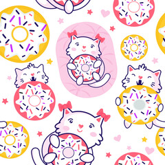 Obraz premium Vector seamless pattern with cute cat and donate, funny kawaii hungry cats