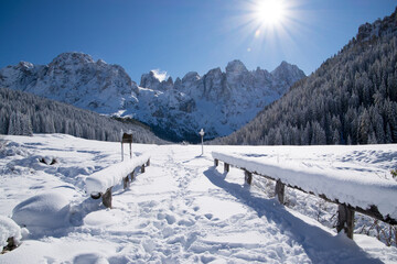 Val Venegia innevata, pale di san martino in inverno, paesaggio innevato della val di fiemme