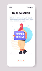 arab woman hr manager holding we are hiring poster vacancy open recruitment human resources employment