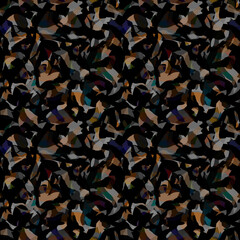 Seamless abstract geometric camouflage pattern on a black background. Intertwined fancy shapes from jagged brush strokes and color spots. For youth and sportswear, textiles, fabrics, t-shirts, print