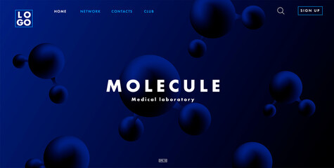 Web site landing page with abstract science background of 3d round molecules in dark blue color with interface elements