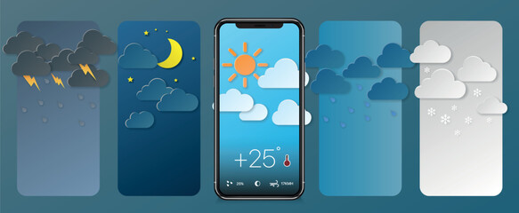 Weather forecast app widget set. Vector illustration. Daily application template with paper cut climate icons. Thunderstorm, rain, sunny day, night and winter snow. Vector - obrazy, fototapety, plakaty